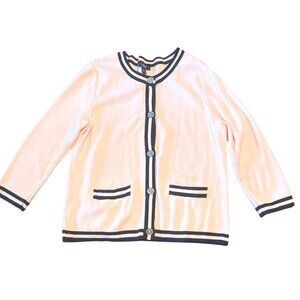 Chaps Womens Light Pink  Navy trim Cardigan Sweater L 100% Cotton Preppy Classic